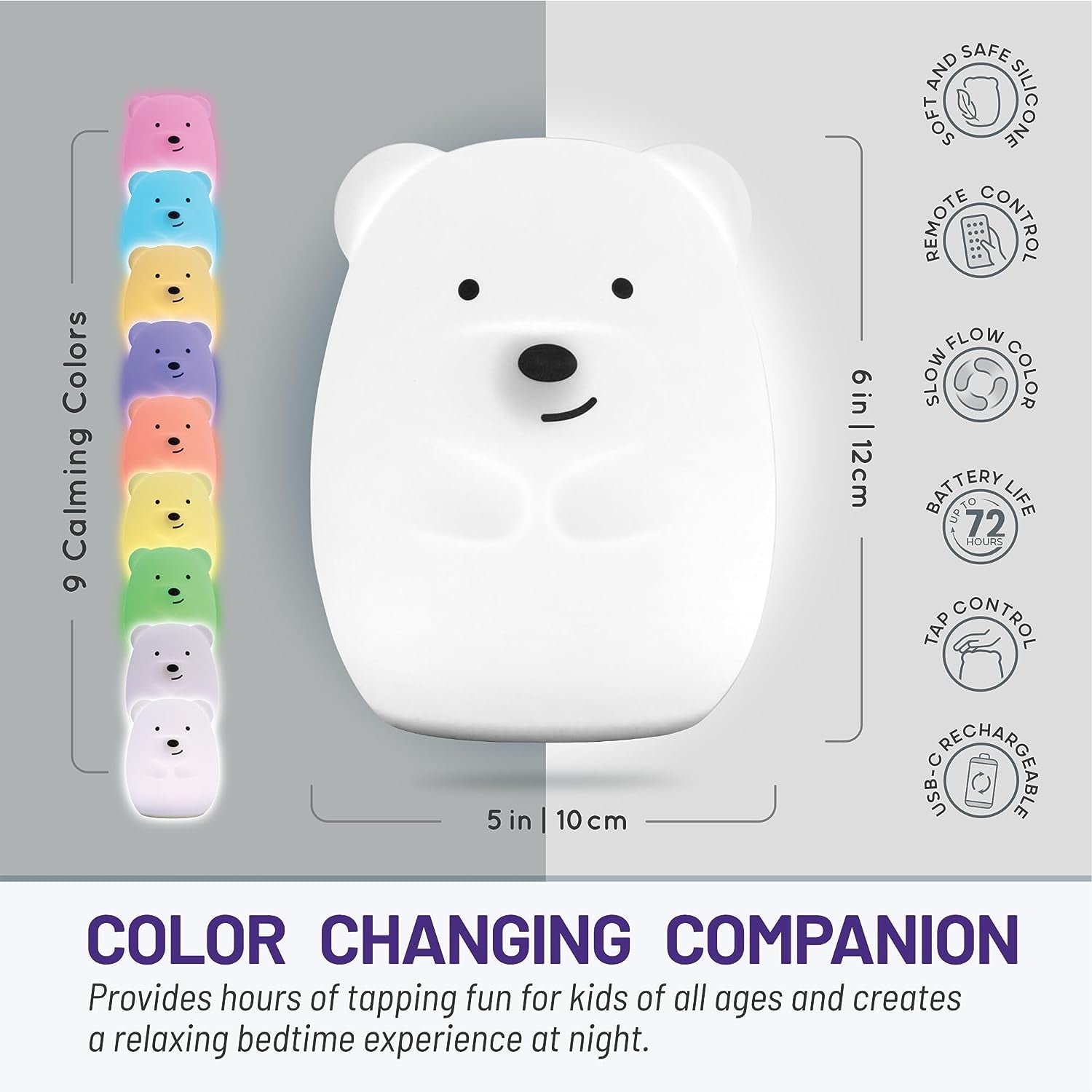 Remote Control Silicone Night Light for Kids - Bear Design with 9 Soft Colors & Sleep Timer - Rechargeable, Battery-Operated Lamp for Bedroom | Baby Nursery, Toddler, Girls, Boys