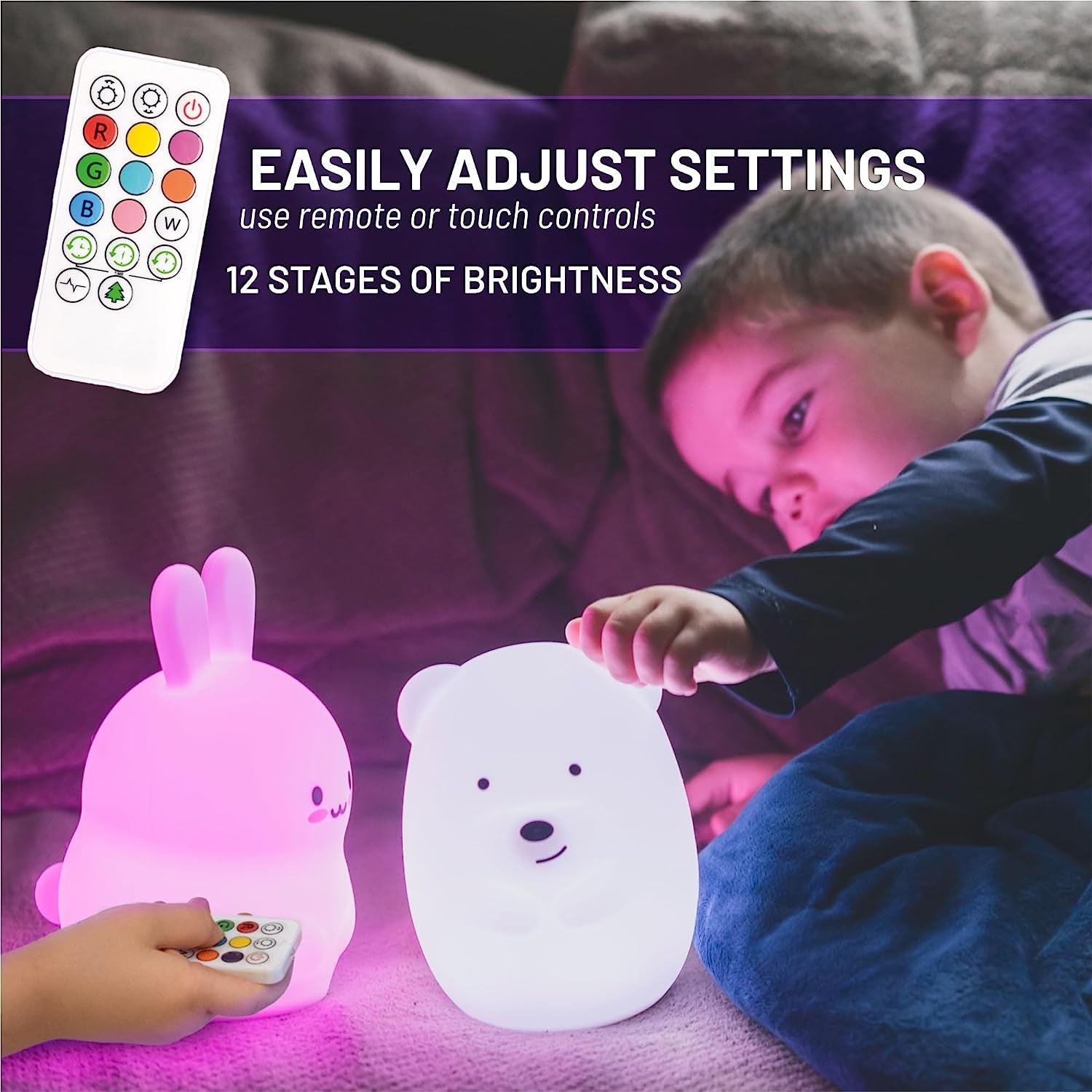 Remote Control Silicone Night Light for Kids - Bear Design with 9 Soft Colors & Sleep Timer - Rechargeable, Battery-Operated Lamp for Bedroom | Baby Nursery, Toddler, Girls, Boys